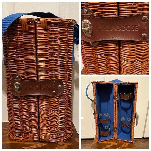 NWT Grey Goose Wicker Wine Bottle and Glass Picnic Carrier Blue Fabric Strap - Picture 1 of 13